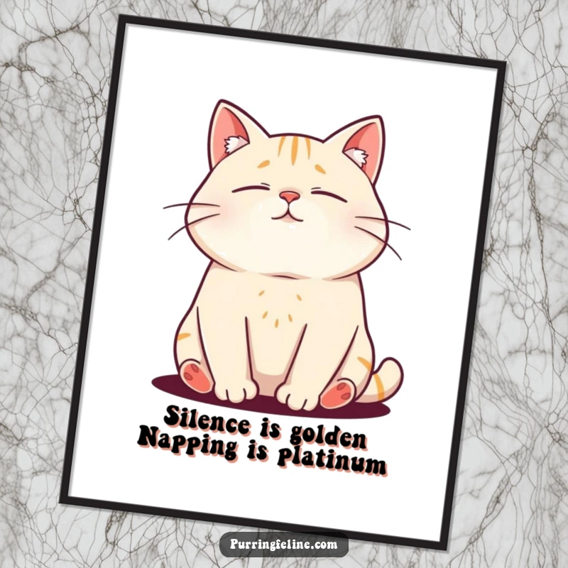 Funny poster art of a relaxed cat vibrating with purrs, capturing a moment of pure, serene feline happiness.