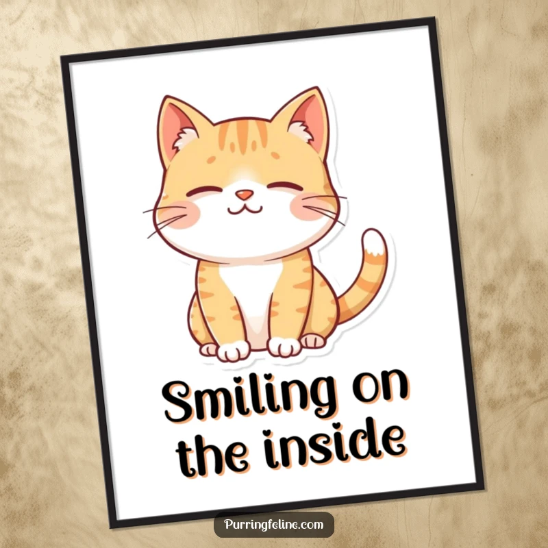 Funny contented cat poster, a cat with a sweet gentle smile and a subtly twitching tail, a portrait of peacefulness.