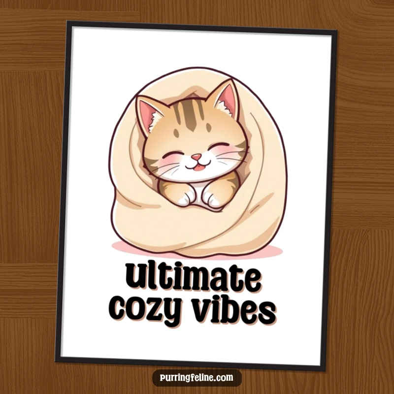 Funny Cozy Cat Poster showing a content cat happily burrowing into a warm, soft blanket, embodying pure comfort and joy.
