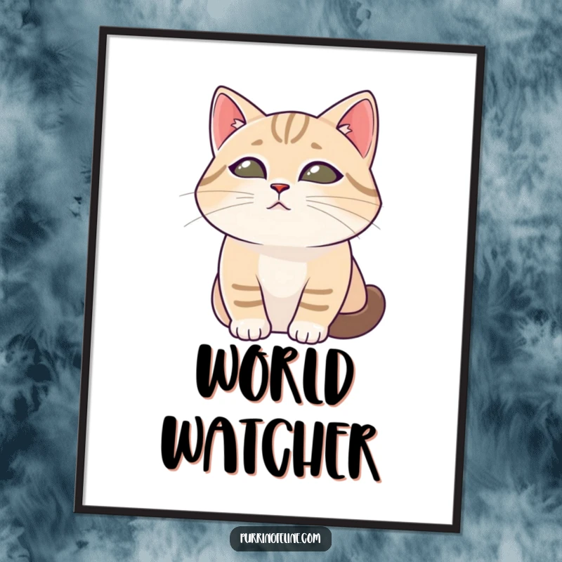 Funny cat poster showcasing a tranquil cat with soft eyes observing the world, evoking peace and gentle curiosity.