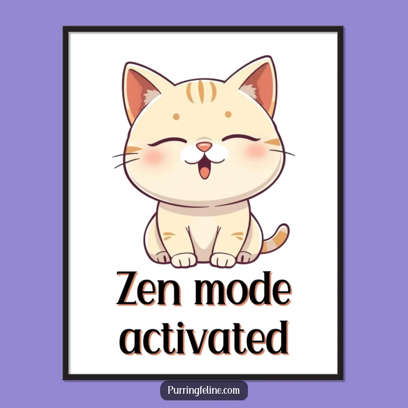 Funny Content Cat Vibrating Poster: Blissful Feline Zen Art, Whimsical Funny Gift