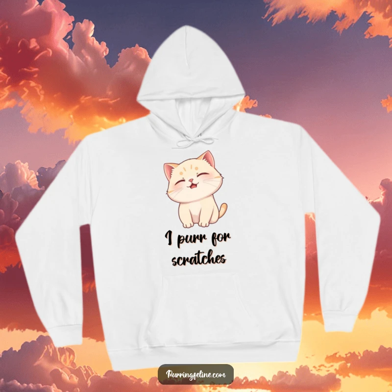 Funny cat hoodie depicting a purring cat blissfully receiving a head scratch, radiating warmth and contentment.
