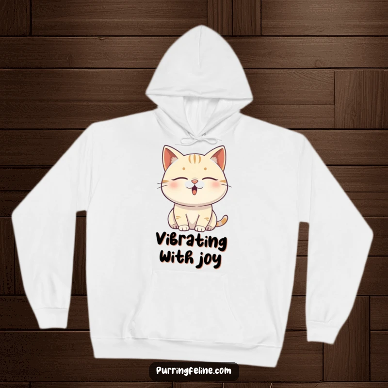 Funny content cat hoodie depicting a blissful cat with closed eyes, vibrating with gentle, calming energy.