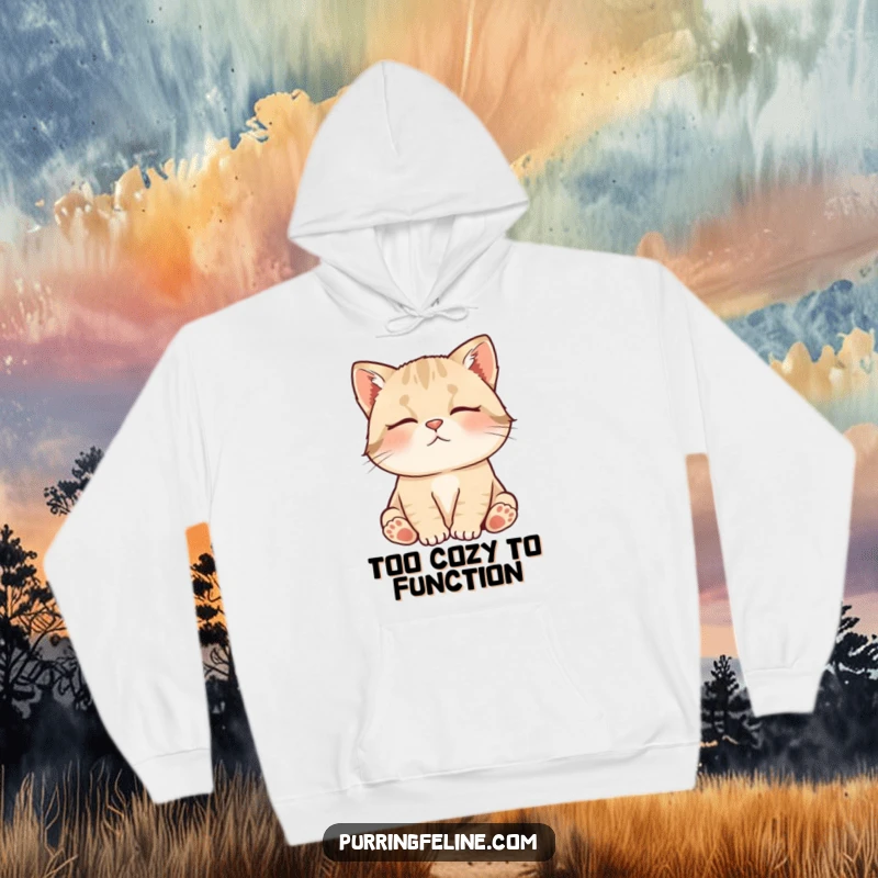 Funny Hoodie with a contented cat cub murmuring gently, offering warmth, comfort, and a touch of hilarious serenity.