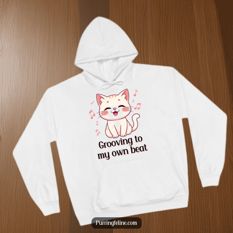 Funny Hoodie with a happy cat vibrating gently amidst a shower of musical notes, full of cheer.