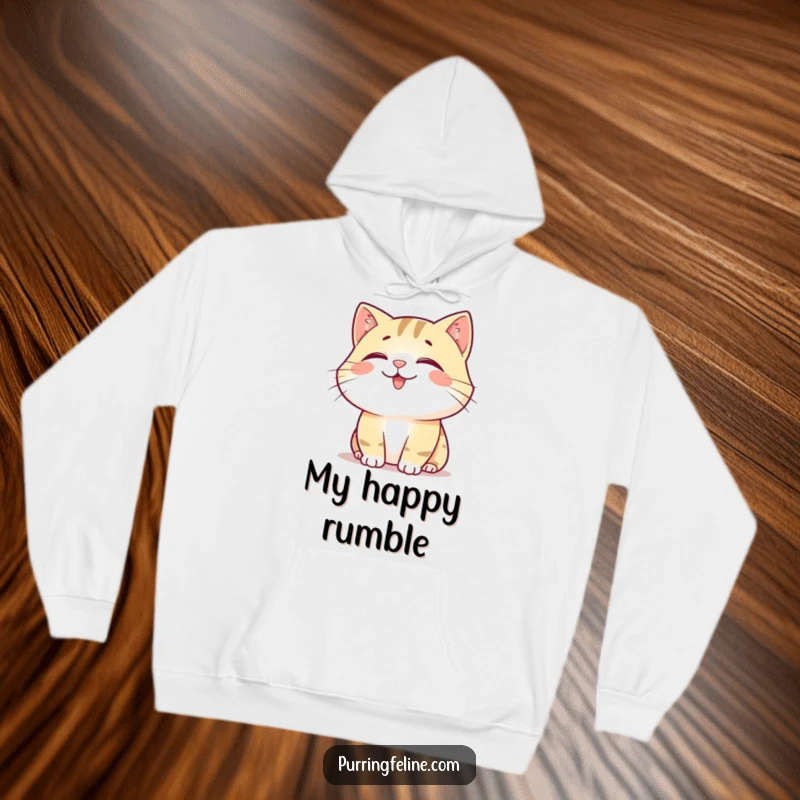 Funny Hoodie: A happy, content cat emanating a soft rumble, symbolizing pure joy and cozy contentment.
