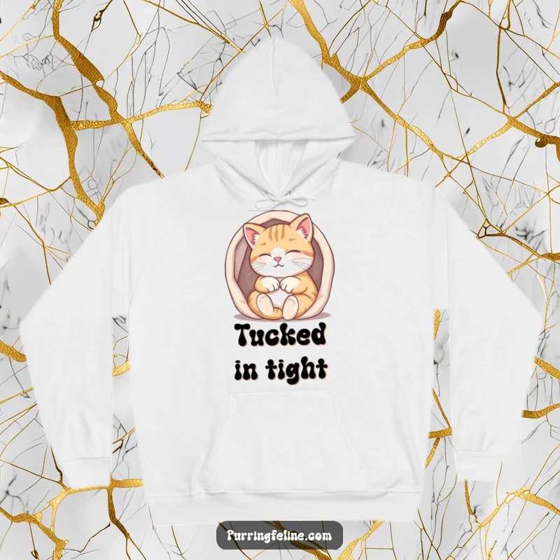 Funny purring cat hoodie, a cat contentedly purring while tucked into a small, warm space, embodying cozy security.