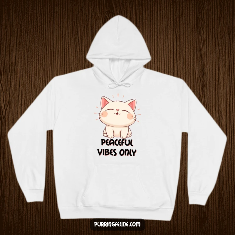 Funny hoodie showing a content cat with its eyes closed, emitting gentle, pulsating sound waves.