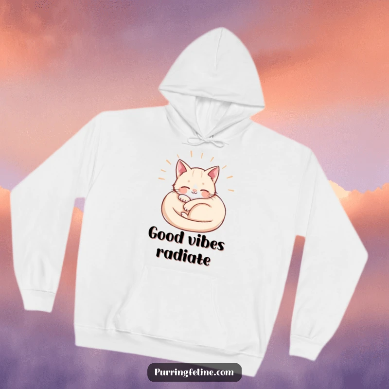 Funny Hoodie print of a curled cat with soft waves of contentment radiating outwards, signifying ultimate peace and cozy happiness.