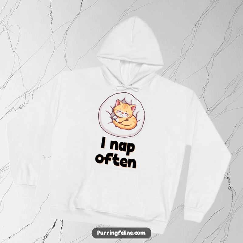 Funny cat hoodie showing a peaceful cat curled up in a luxurious bed, radiating warmth and serene happiness.