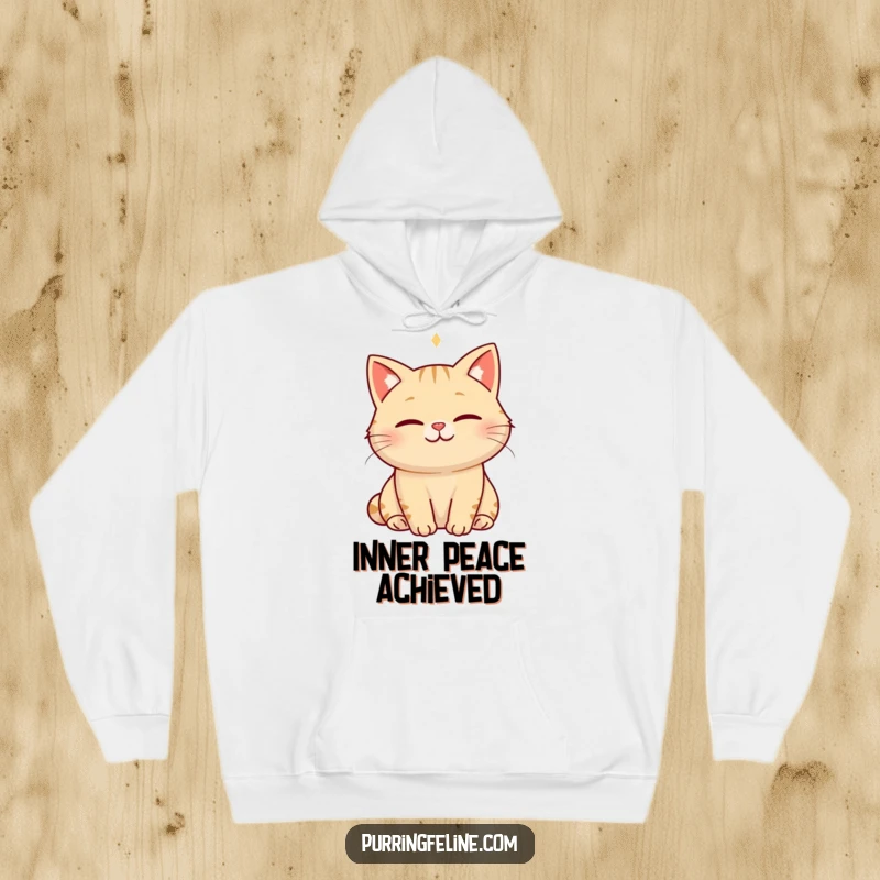 Funny serene cat hoodie with a smiling cat radiating a visible hum of happiness, providing ultimate comfort and a sense of peace.