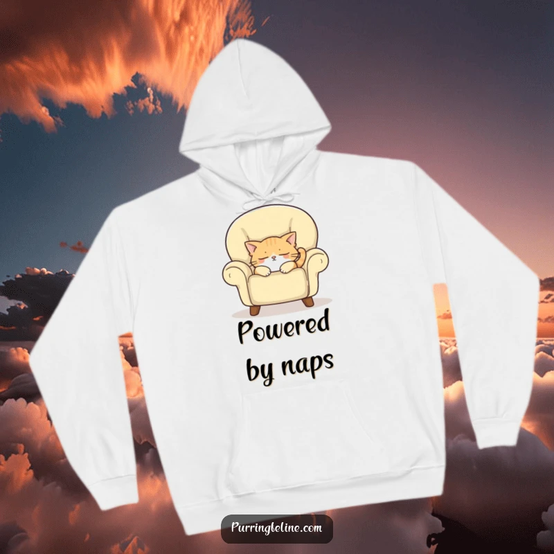 Funny hoodie depicting a sleepy cat deeply dozing in a cozy armchair, radiating warmth, comfort, and humorous relaxation.