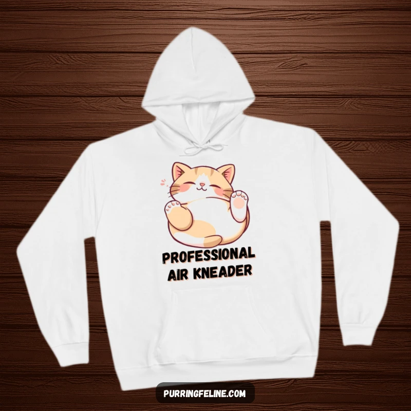 Funny Cat Kneading Hoodie showing a contented cat lying on its back, paws gently kneading the air in a state of bliss.
