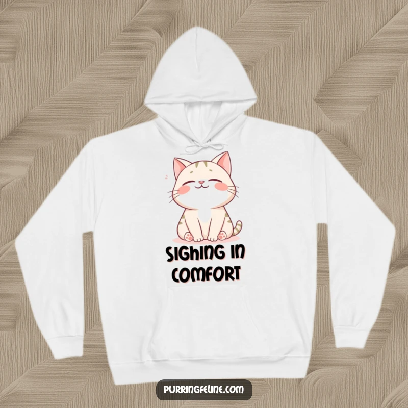 Funny cat hoodie depicting a happy cat exhaling a gentle sigh, radiating comfort and blissful contentment.
