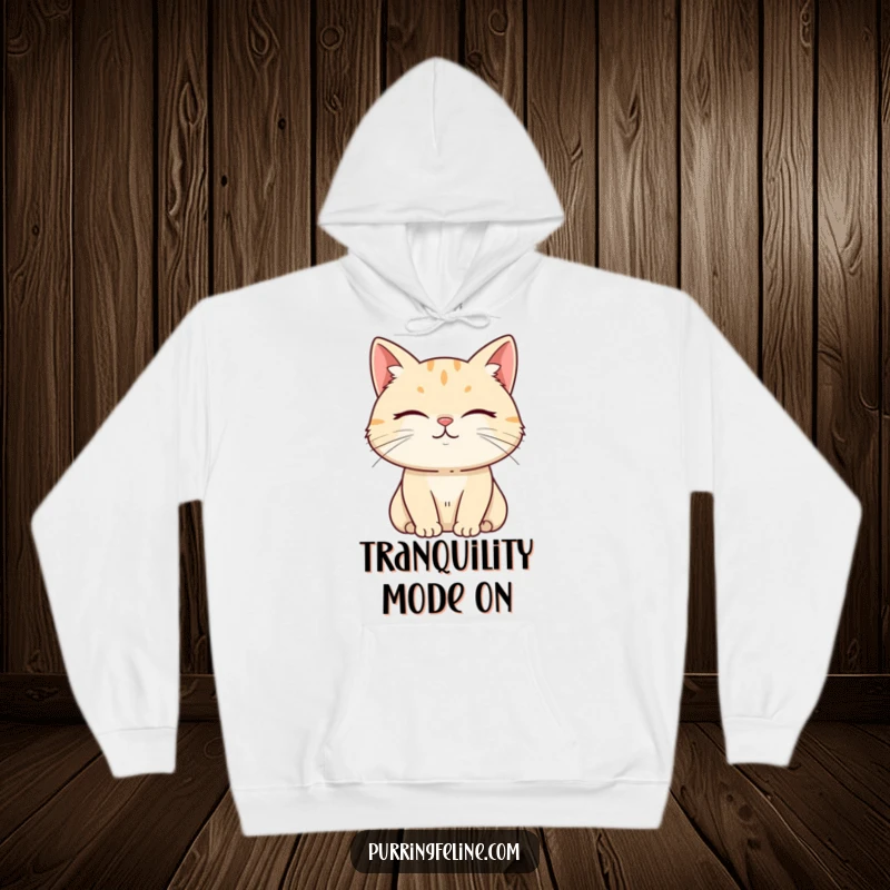 Funny Hoodie featuring a content cat with a subtle smile, radiating a palpable sense of hilarious tranquility.