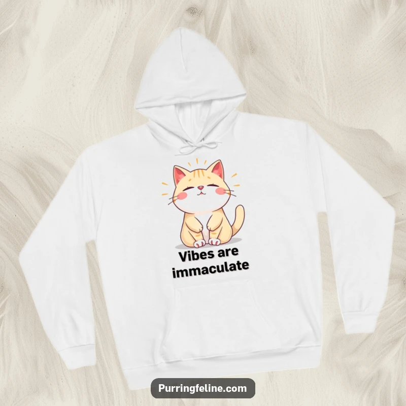 Funny hoodie with a relaxed cat vibrating with a peaceful, steady hum, offering warmth and humorous serenity, a perfect gift.