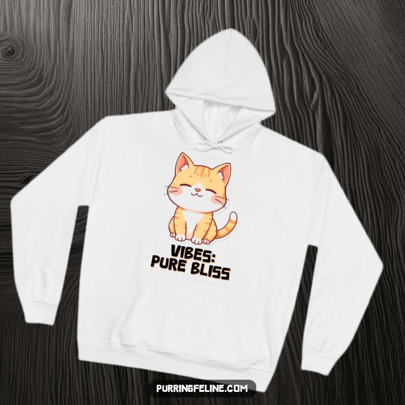 Funny contented cat hoodie, a smiling cat with a gently twitching tail, radiating warmth and humorous tranquility.