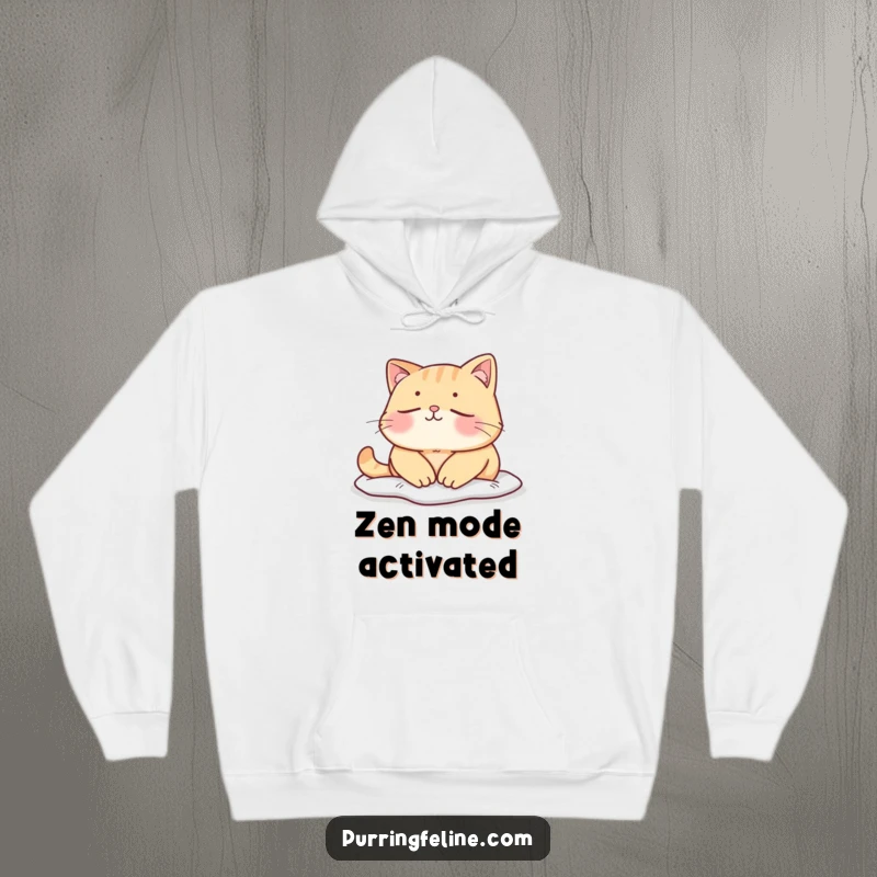 Funny mellow cat hoodie, a cat basking peacefully in a quiet moment, embodying cozy serenity and humor.