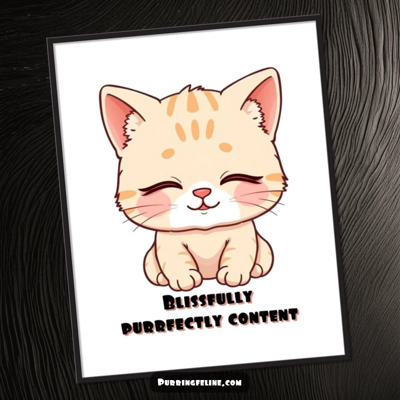 Free printable wall art featuring a supremely content cat cub with closed eyes and a soft, serene smile.