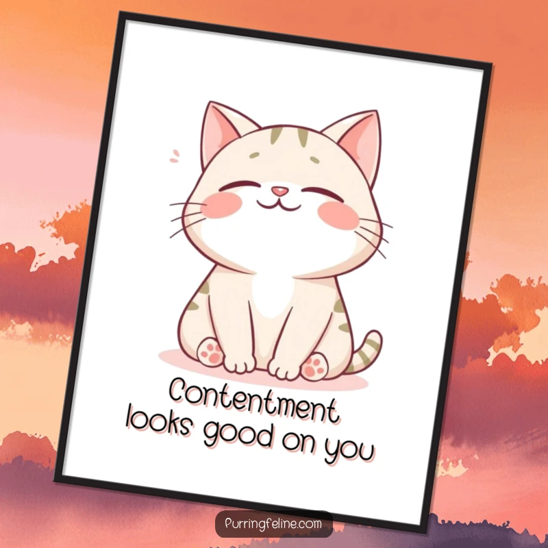 Free printable wall art of a happy cat with its eyes closed, letting out a gentle, contented sigh.