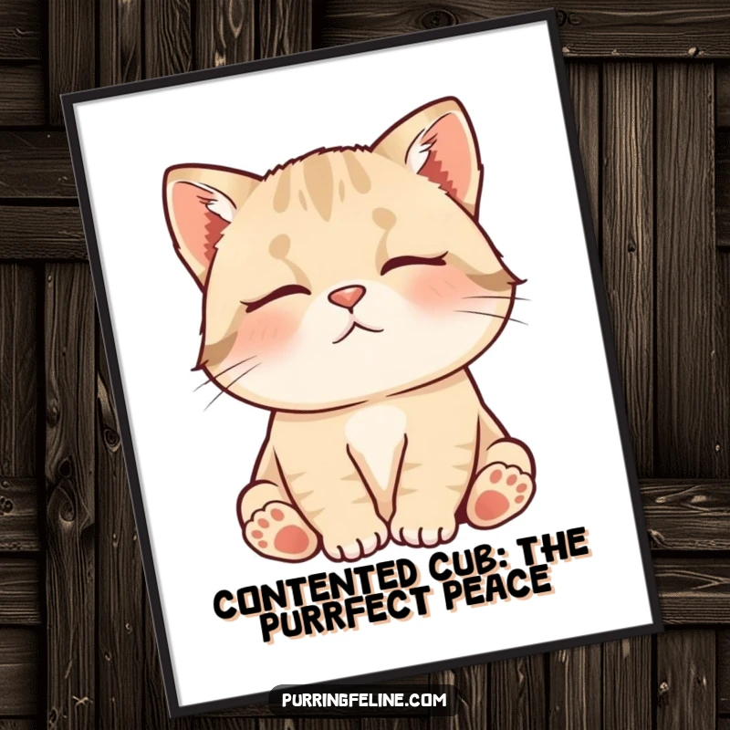 Funny Free Printable Wall Art: Contented cat cub nestled, murmuring softly with closed eyes. A downloadable home decor gift.