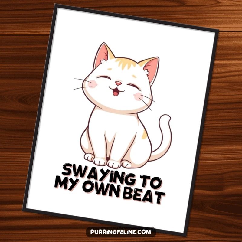 Funny Free Printable Wall Art: Purring cat with tail gently swaying in contentment, radiating happiness. Downloadable humorous cat art.