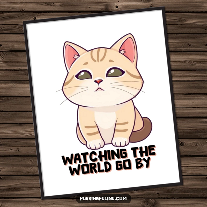 Free printable wall art of a tranquil cat with large, soft eyes, calmly observing the world around it.
