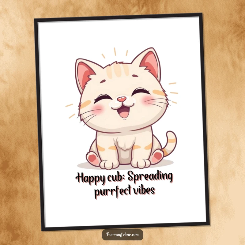Funny Free Printable Wall Art: Happy cat cub emitting gentle, positive vibrations. A downloadable gift.
