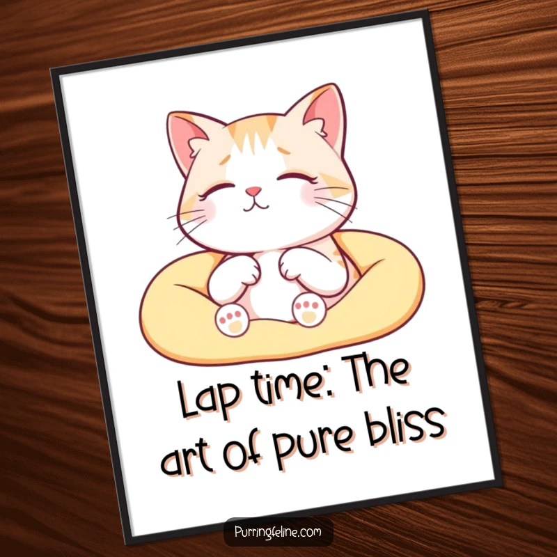 Funny Free Printable Wall Art: A serene cat deeply relaxed and purring contentedly in a warm lap, radiating peace.