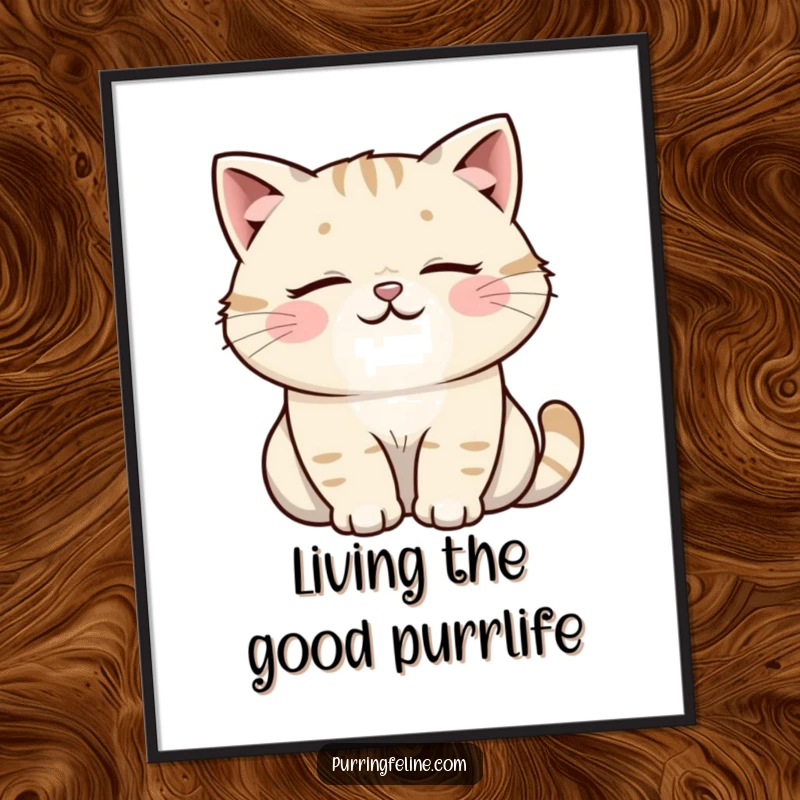 Funny free printable cat wall art depicting a serene cat emitting a soft, happy rumble.