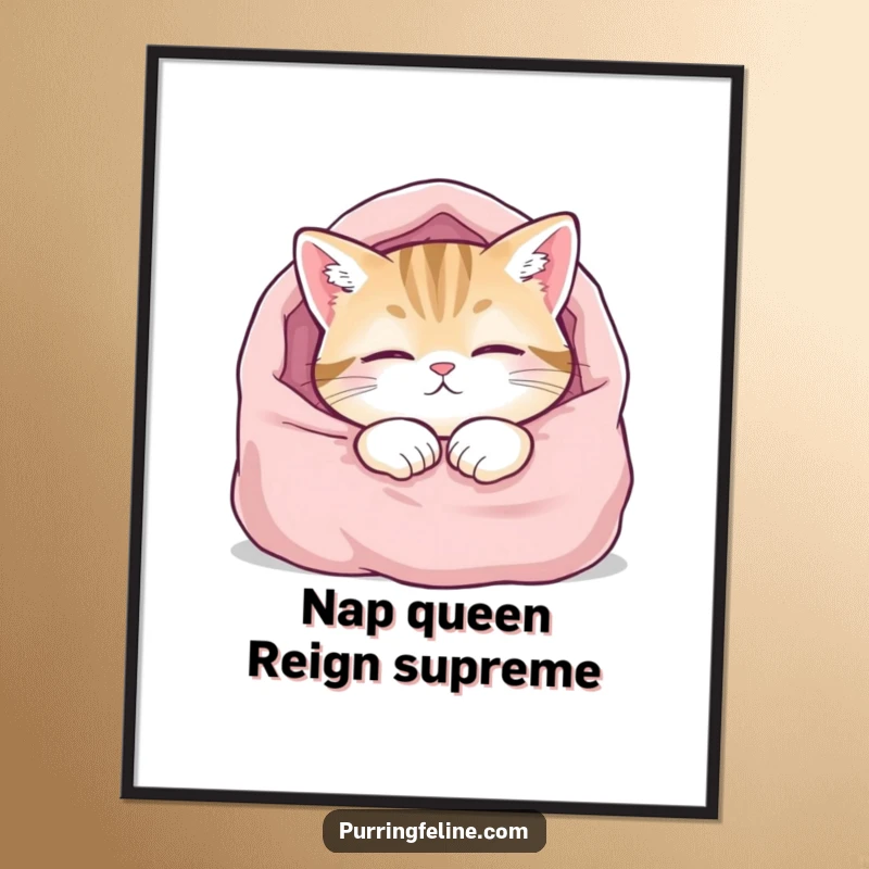 Funny Free Printable Wall Art of a content cat deeply asleep in a plush blanket, radiating ultimate comfort and relaxation.