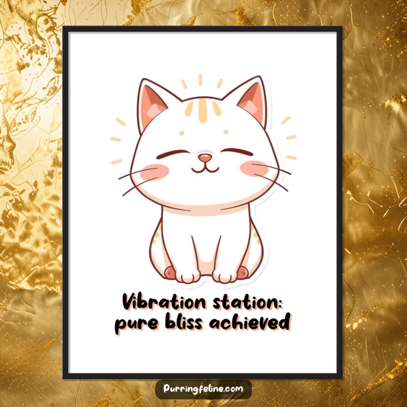 Funny Free Printable Wall Art: A serenely smiling cat with closed eyes, radiating gentle, peaceful vibrations on a cozy background.