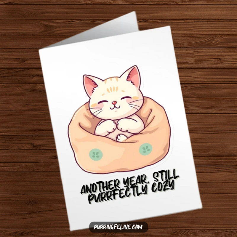 Funny Free Printable Birthday Card: A cat nestled cozily in a blanket, its whole body vibrating harmoniously with contentment.