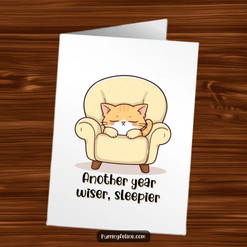 Funny Free Printable Birthday Card featuring a sleepy cat peacefully dozing off in a plush, cozy armchair, looking utterly content.
