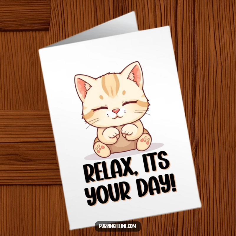 Free Printable Birthday Card: A serene cat cub sits peacefully with its paws tucked neatly underneath.