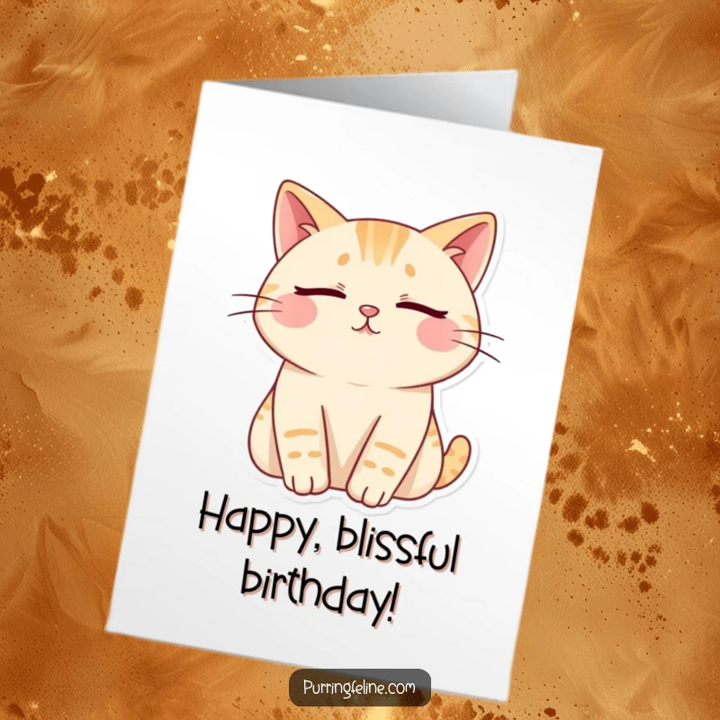 Funny Free Printable Birthday Card: A cat with closed eyes emits soft, wavy lines, radiating deep contentment and peace.