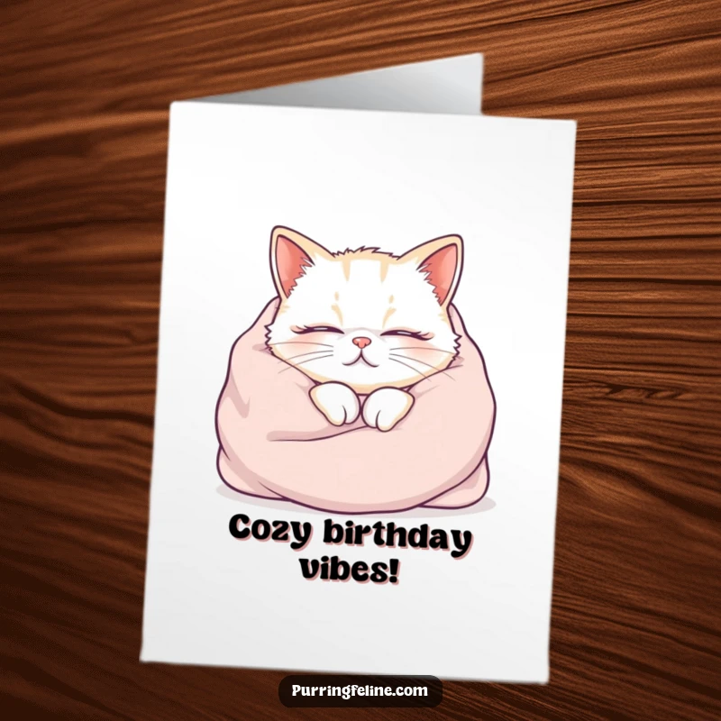 Funny Free Printable Birthday Card: A cat is nestled cozily in a soft blanket, looking deeply content and purring loudly.
