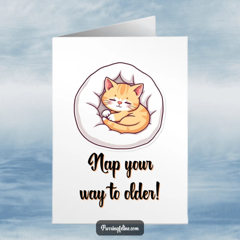 Free printable birthday card with a sweet, contented cat peacefully curled up asleep in a soft, cozy bed.