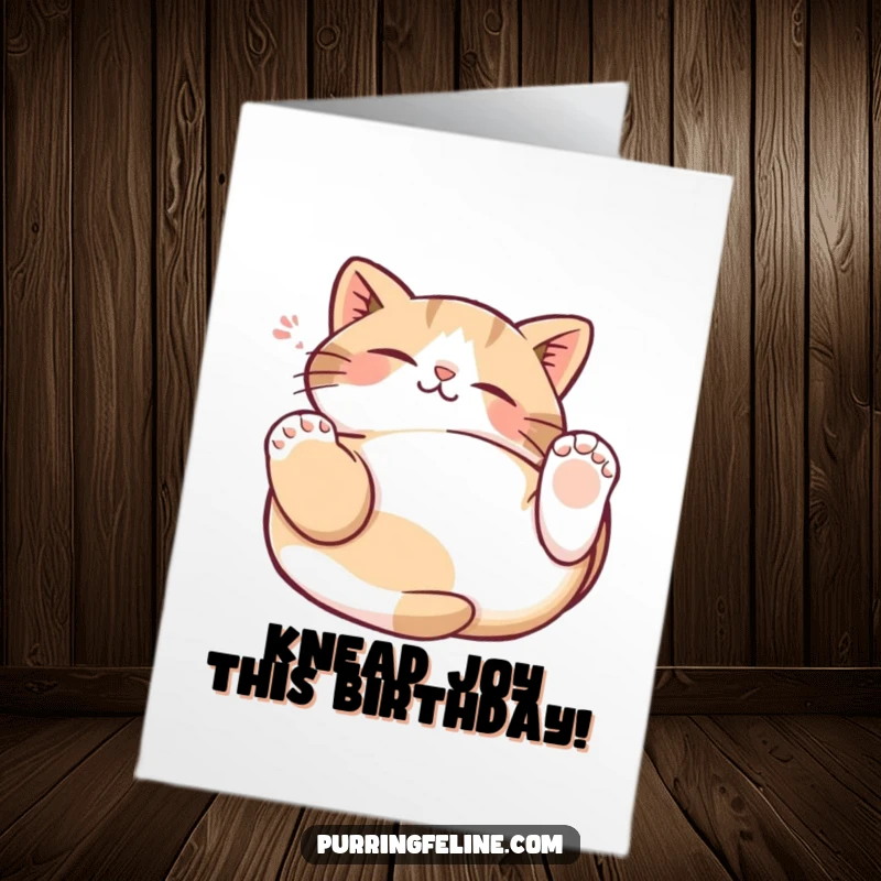 Funny Free Printable Birthday Card: Contented cat on its back, paws playfully kneading air, ready to celebrate.