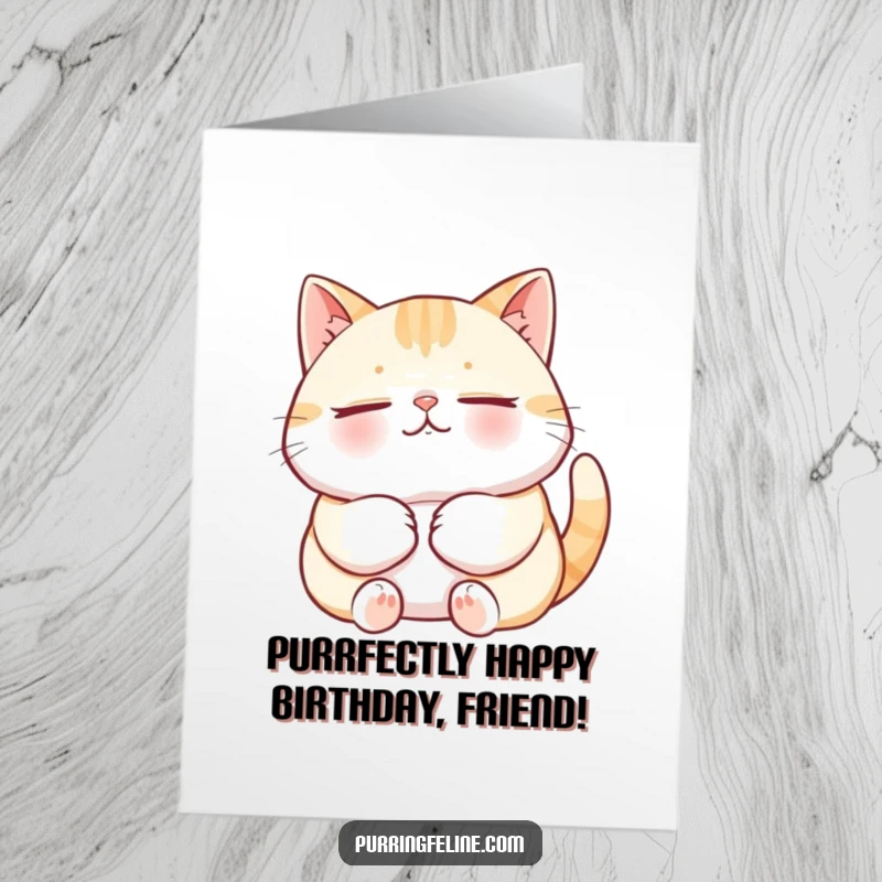 Funny Free Printable Birthday Card: A ridiculously relaxed cat is purring loudly with eyes closed in pure bliss.