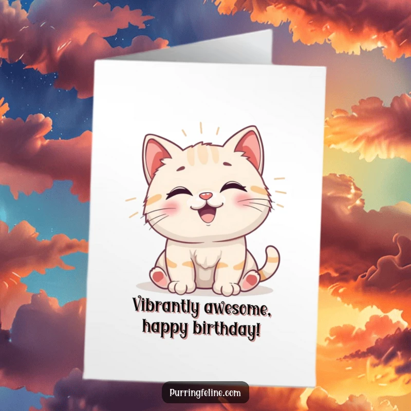 Funny Free Printable Birthday Card: Happy cat cub radiating gentle vibrations, full of joy. A downloadable gift.