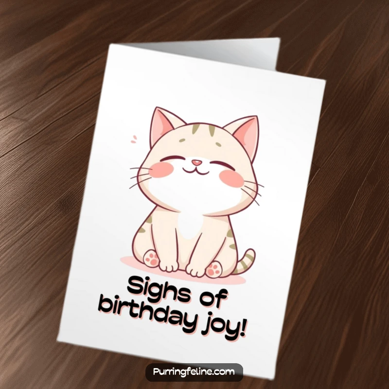 Free printable birthday card showing a happy cat letting out a contented sigh, enjoying ultimate comfort.