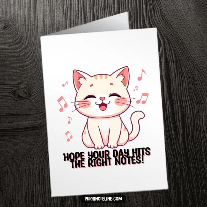 Funny Free Printable Birthday Card: a happy cat vibrates with joy, surrounded by musical notes, singing a lively birthday tune.