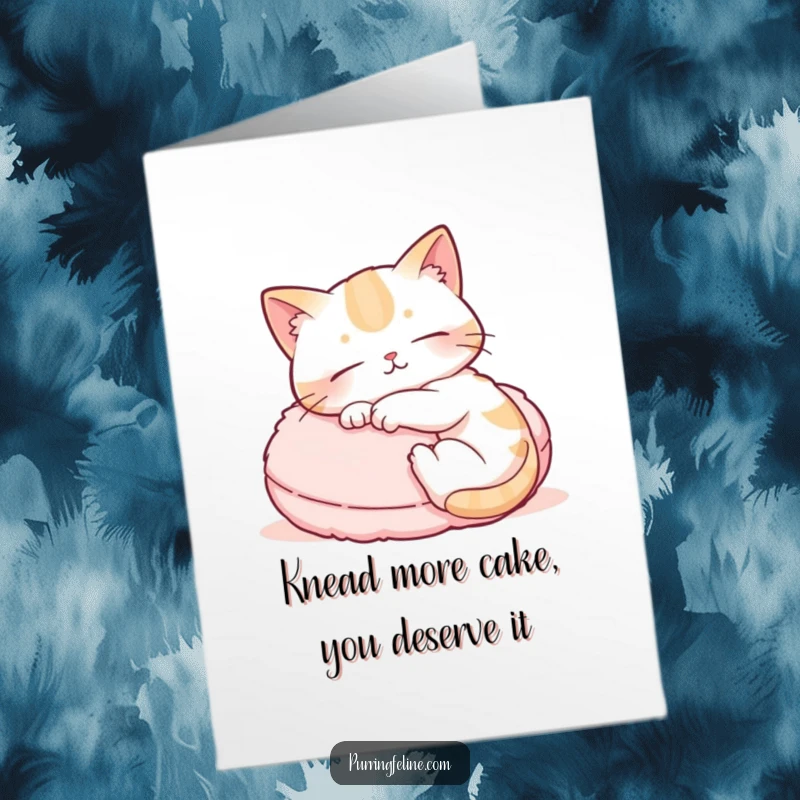 Funny Free Printable Birthday Card showing a relaxed cat gently kneading a fluffy cushion with happy, contented paws.