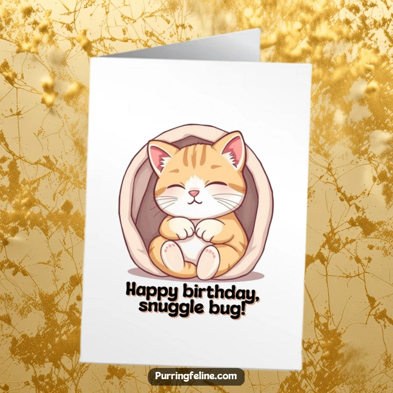 Funny Free Printable Birthday Card: A purring cat blissfully tucked into a small, warm, cozy space, radiating happiness.