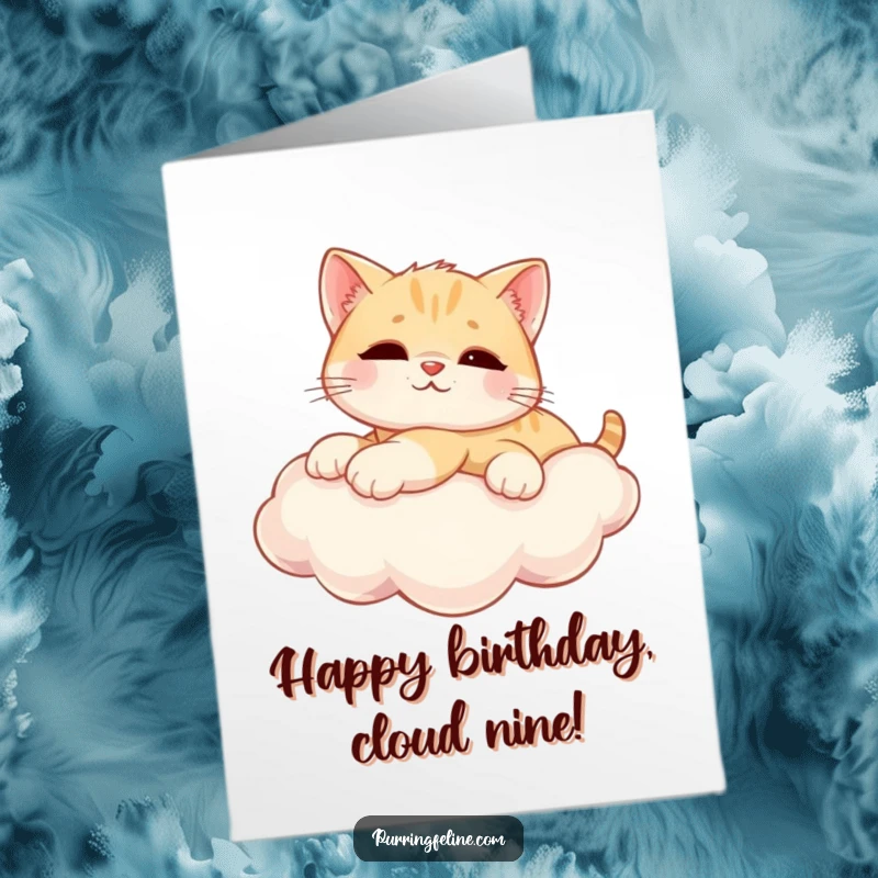 Free printable birthday card showcasing a relaxed cat cub lounging contentedly on a soft, sunny cloud.