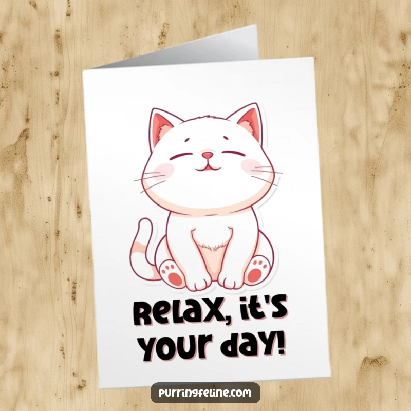 Funny Free Printable Birthday Card: Relaxed cat with chest rising and falling with purrs, conveying birthday joy. Downloadable and serene.