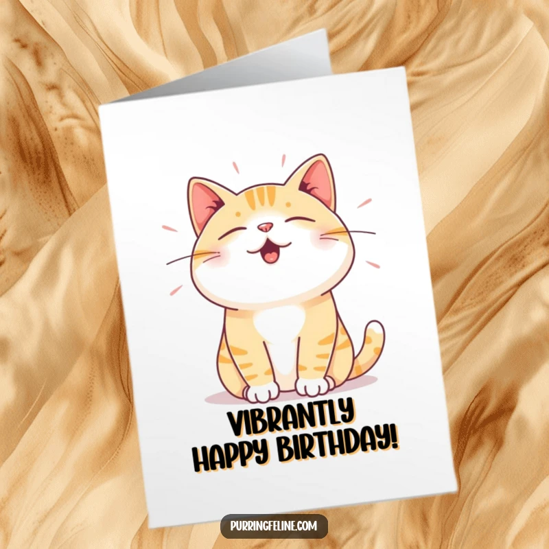 Funny Free Printable Birthday Card: Cat emitting subtle vibrations of pure satisfaction, wishing a joyous and happy birthday.