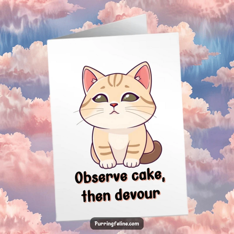 Free printable birthday card featuring a tranquil cat with soft, observant eyes looking peacefully at the world.