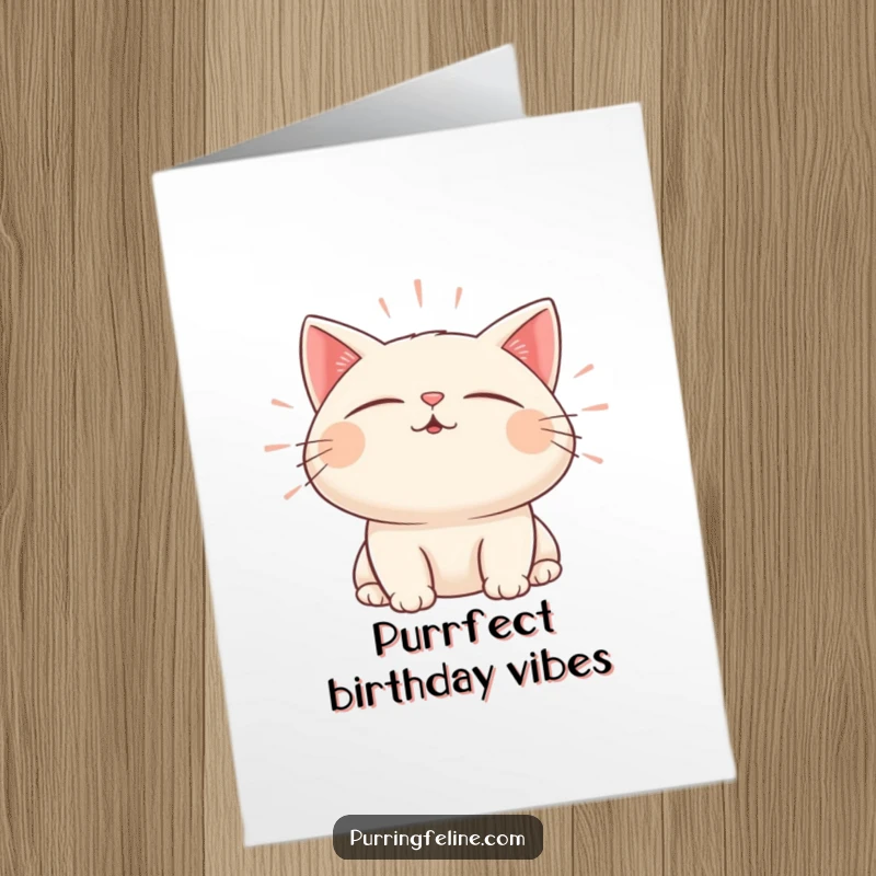 Funny Free Printable Birthday Card: A content cat with closed eyes emitting gentle sound waves for relaxation.